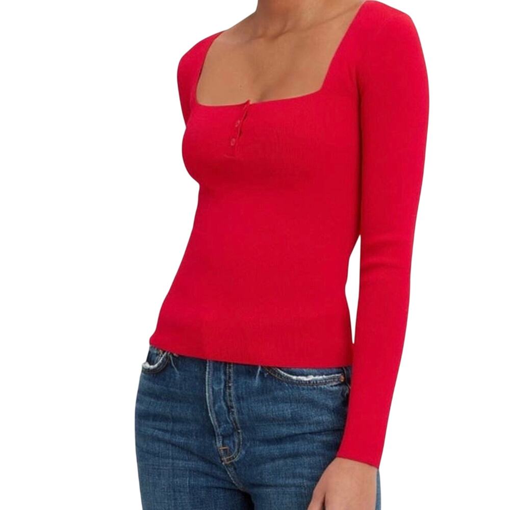 Intermix Daria Red Square Neck Long Sleeve Henley Knit Top Medium